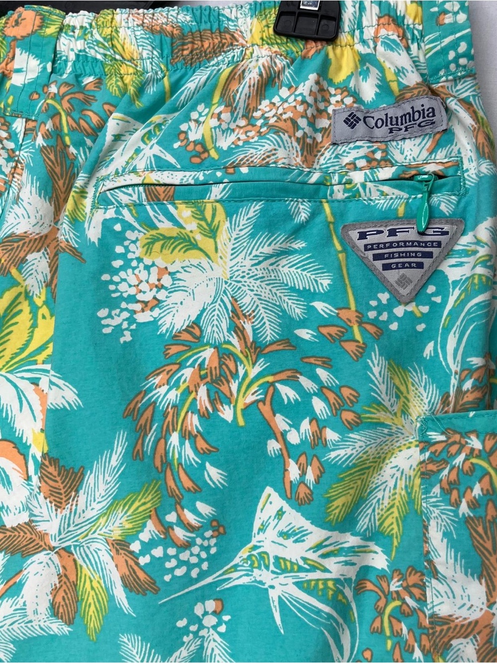 Columbia PFG Mens Large Tropical Fishing Shorts Teal Palm Tree Marlin Print